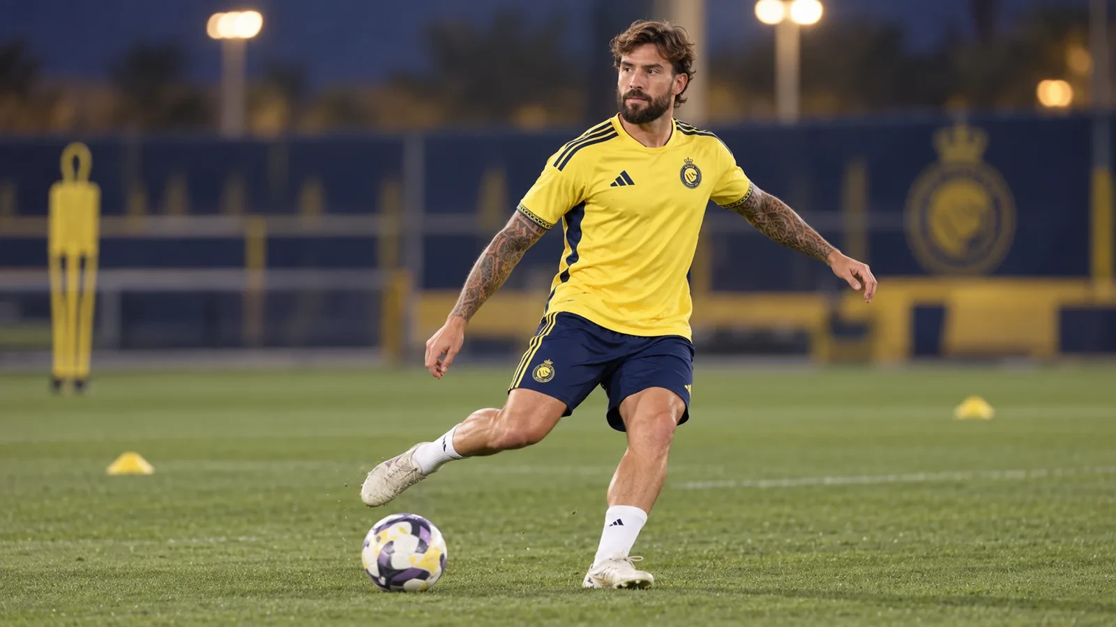Iñigo Martínez thực hiện đường chuyền chéo bằng chân trái trong buổi tập Al Nassr
