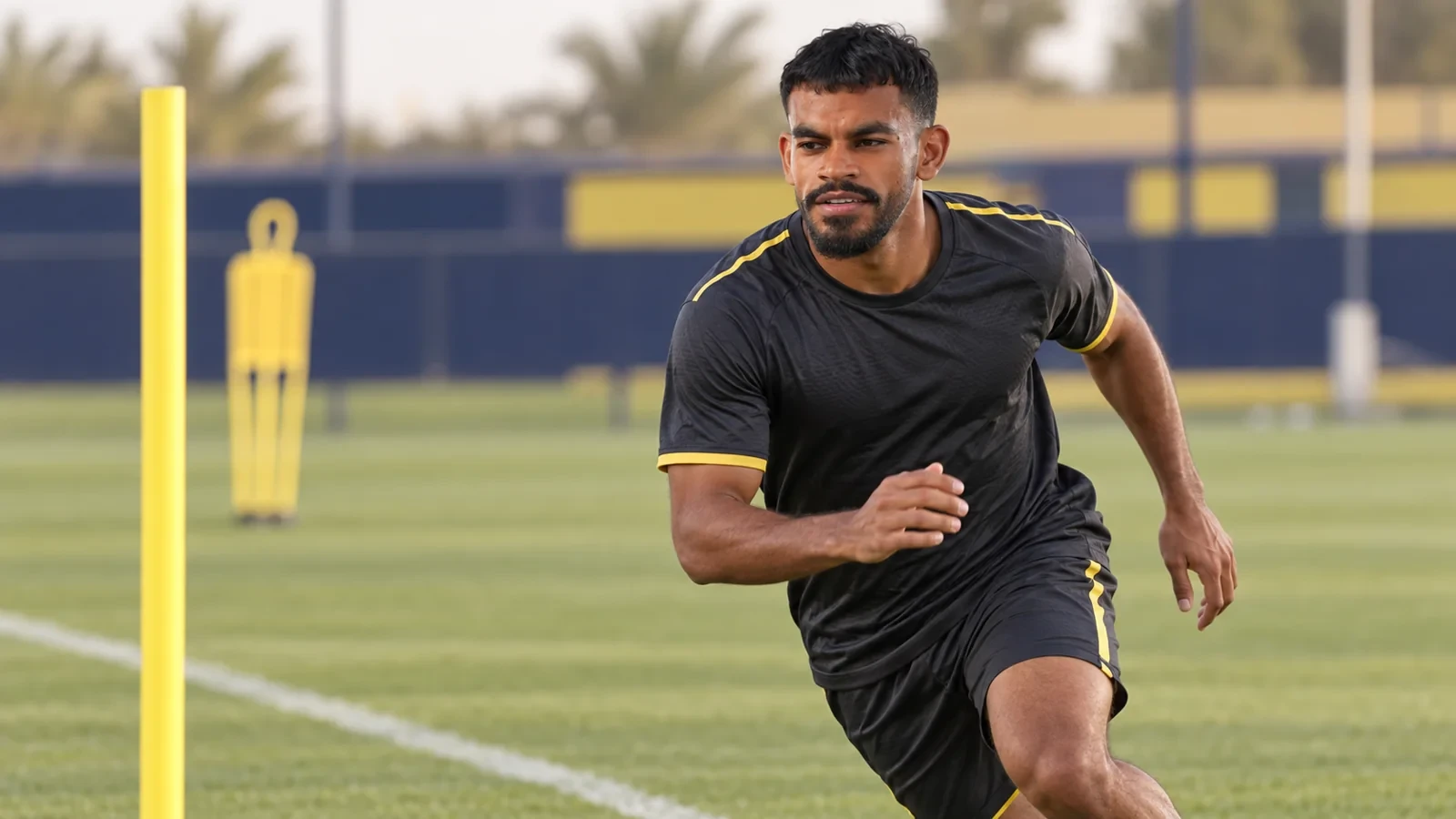 Saad Al Nasser thực hiện bài tập chạy hồi phục ở hành lang trái của Al Nassr