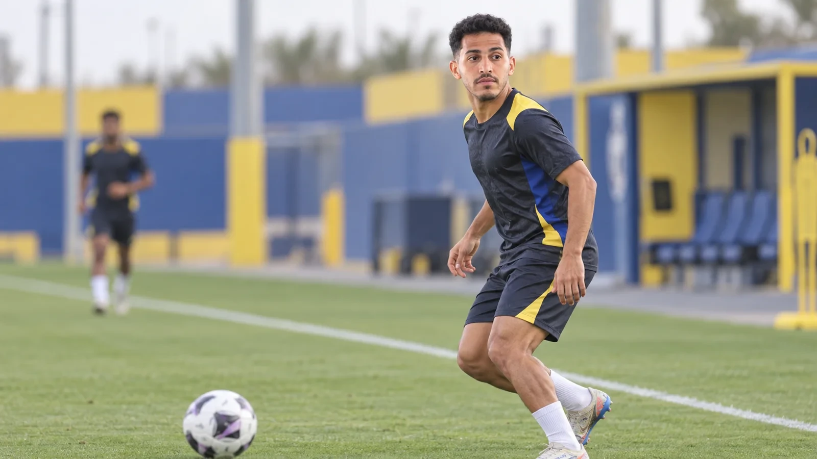 Sultan Al-Ghannam quan sát trước khi nhận bóng ở biên phải trên sân tập Al Nassr
