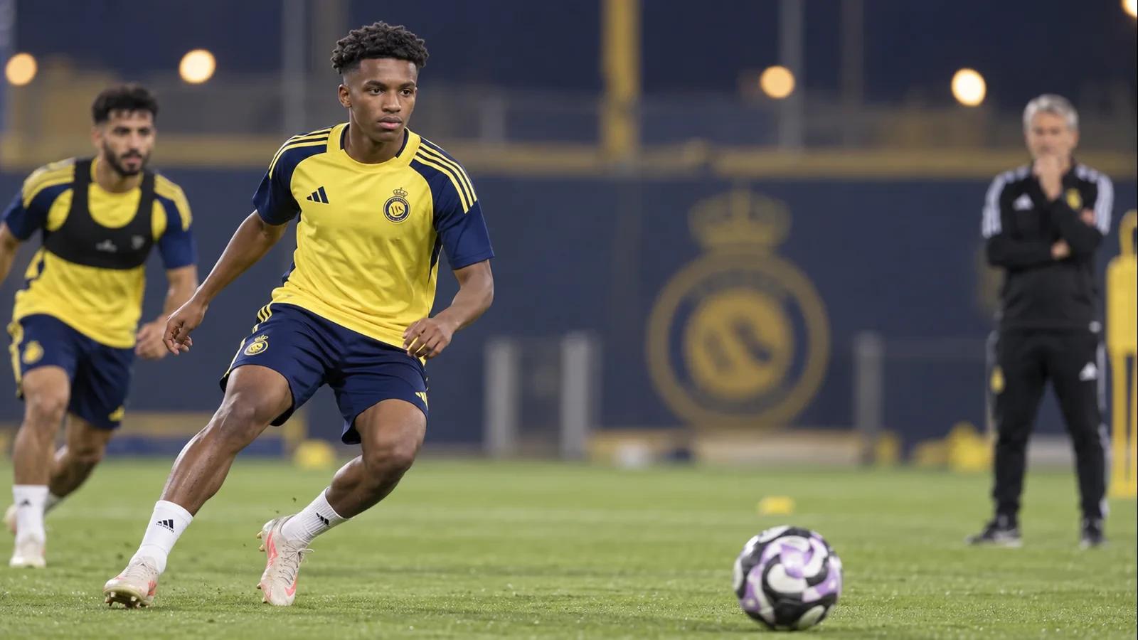 Rakan Al Ghamdi thoát người kèm để nhận bóng trong buổi tập Al Nassr