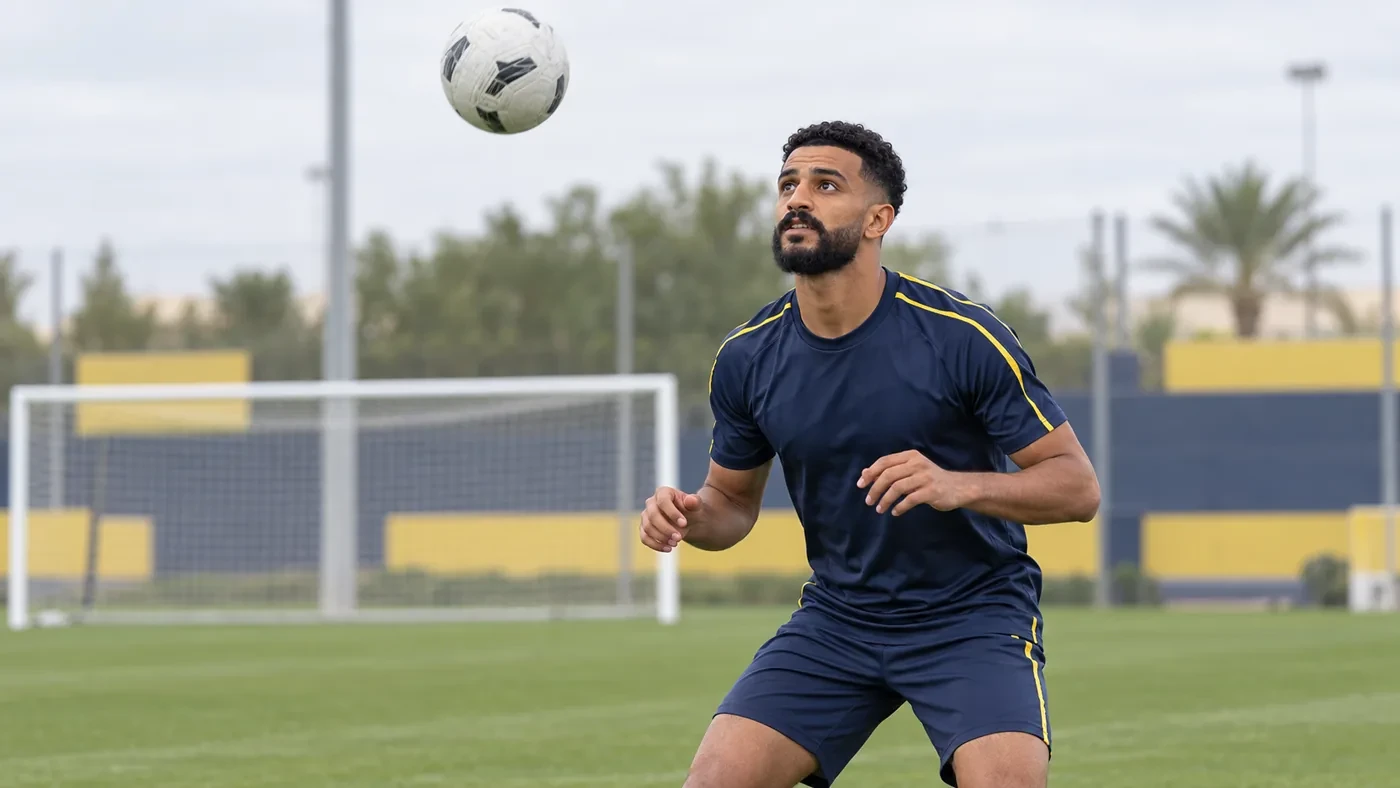 Abdulelah Al-Amri theo dõi bóng trong bài tập không chiến của Al Nassr