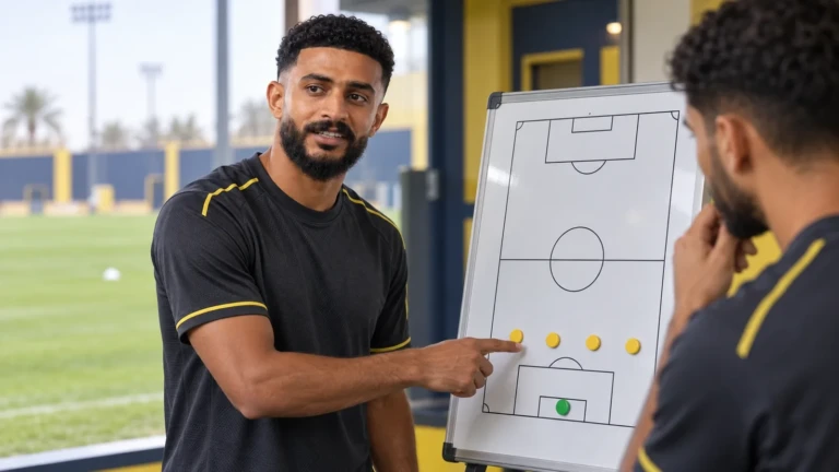 Abdulelah Al-Amri trao đổi về hàng thủ trên bảng chiến thuật tại sân tập Al Nassr