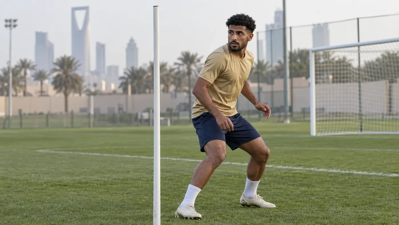 Majed Qasheesh tập định hướng phòng ngự cột xa