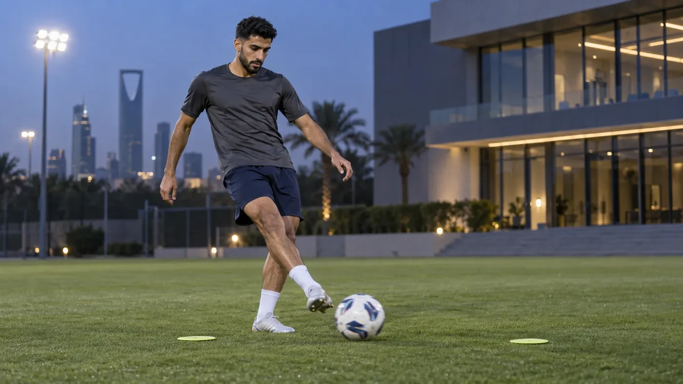 Majed Qasheesh tập chuyền bóng bằng chân trái