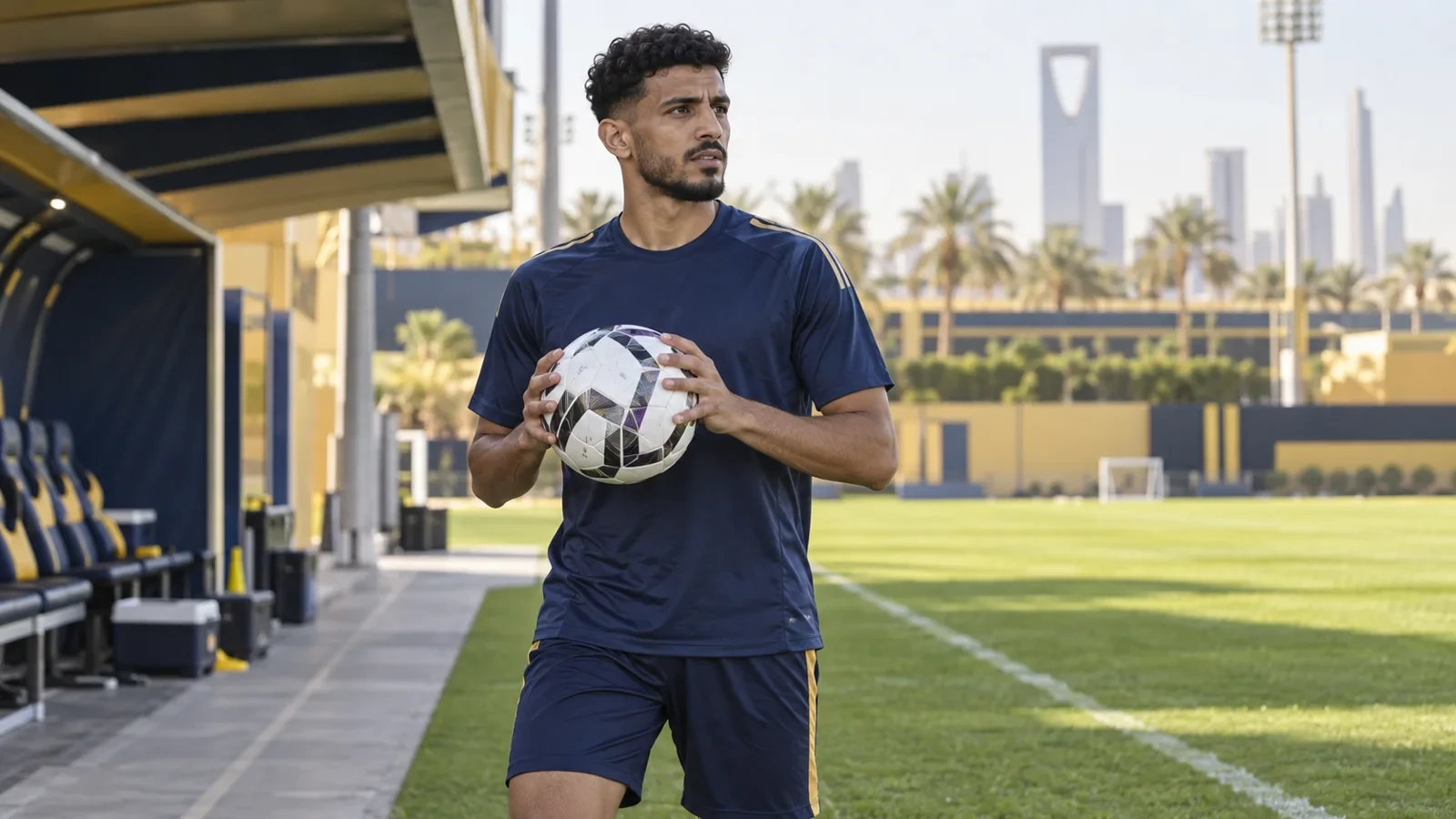 Majed Qasheesh chuẩn bị ném biên trong buổi tập Al Nassr