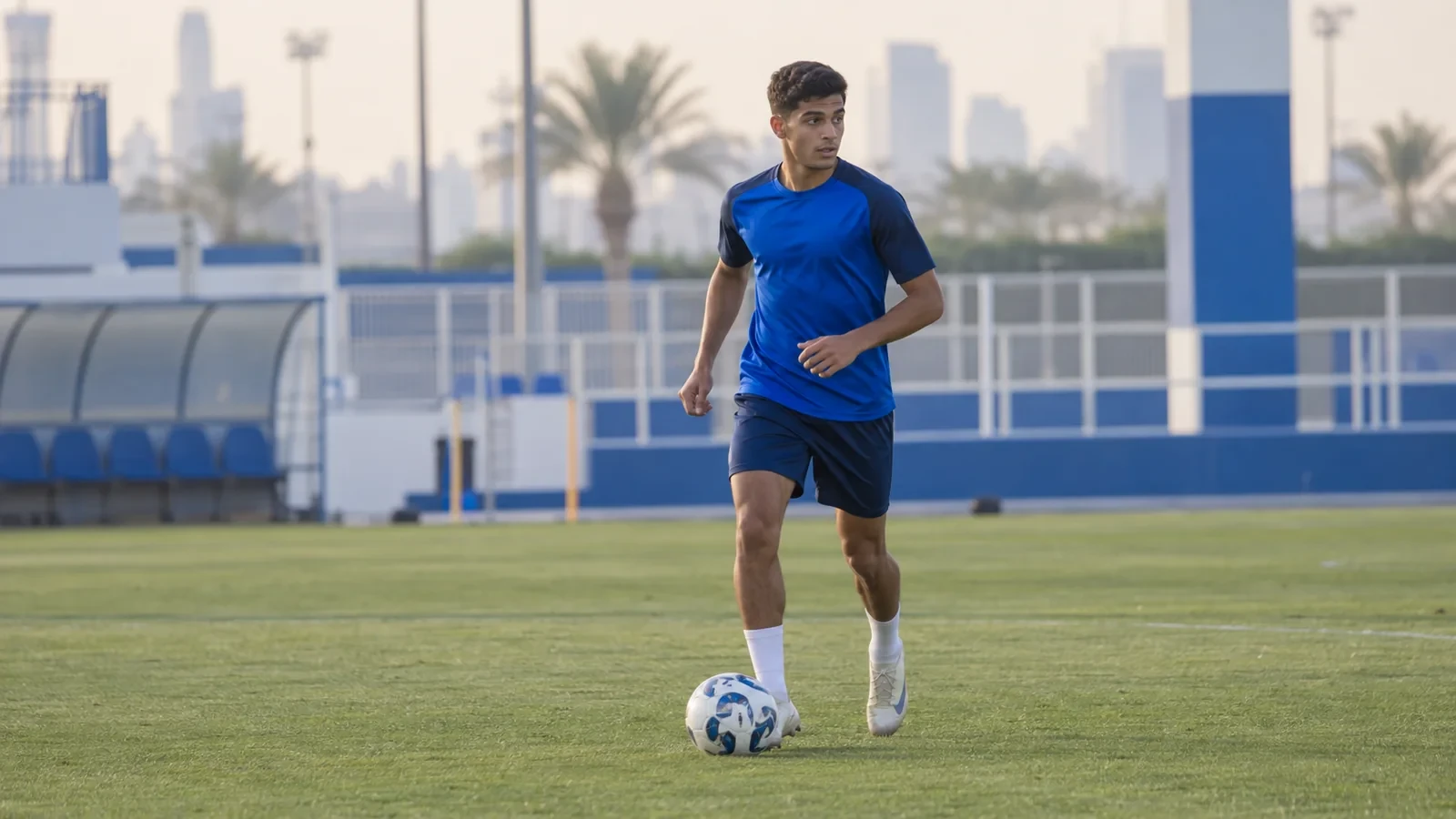Mohammed AlSarnokh dẫn bóng khỏi tuyến dưới trong buổi tập Al Hilal