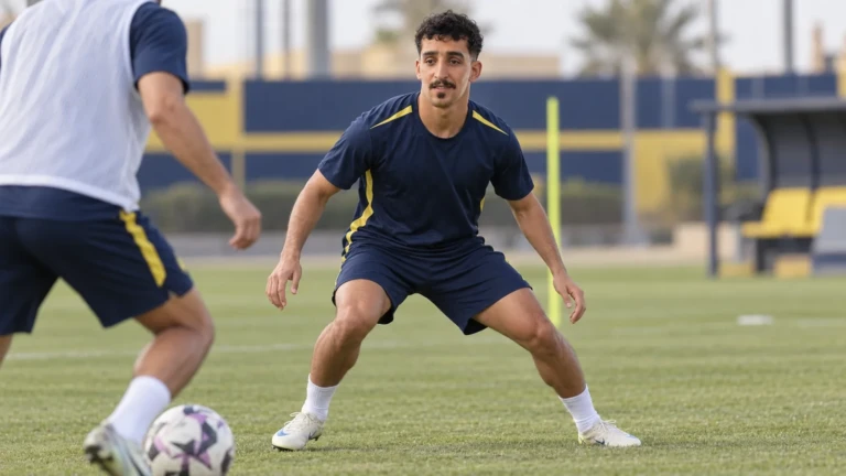 Nader Al-Sharari giữ tư thế phòng ngự trong bài tập một đối một của Al Nassr