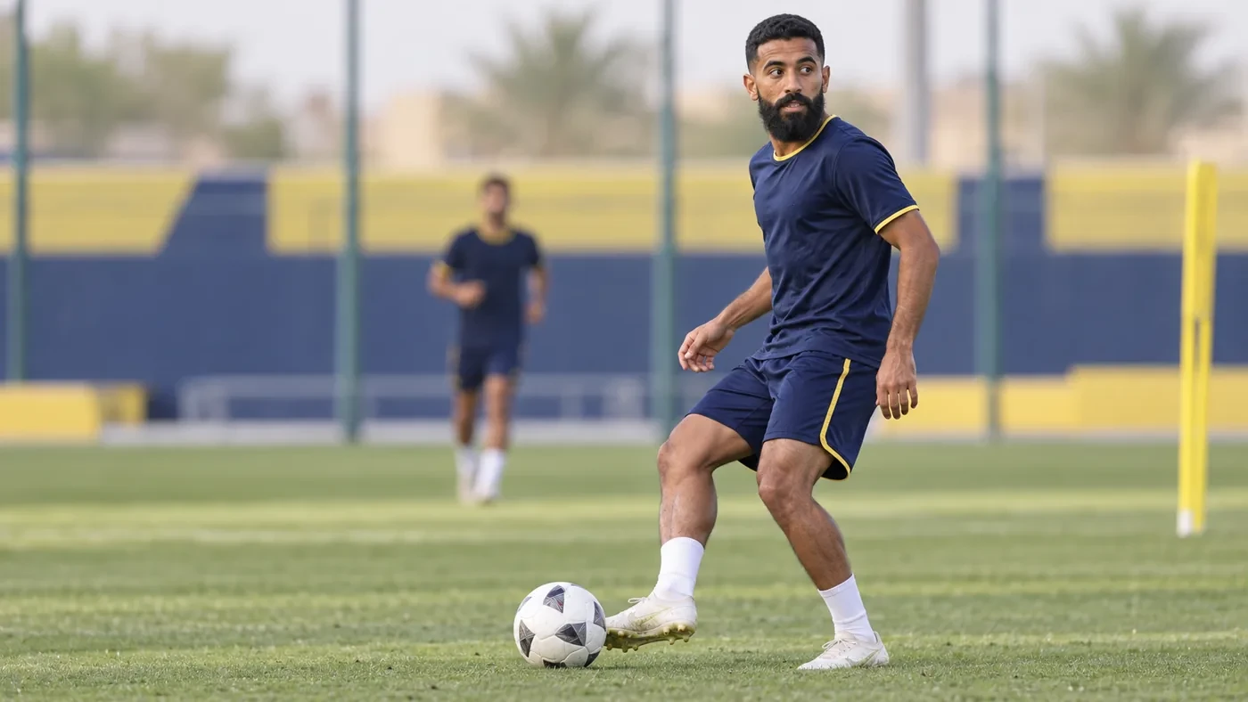 Nawaf Boushal nhận bóng trong hành lang trong ở sân tập Al Nassr