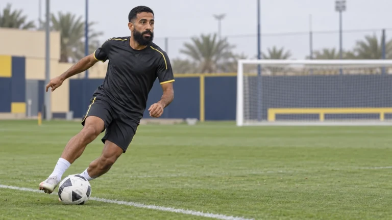 Nawaf Boushal kiểm soát bóng sát đường biên trong bài tập của Al Nassr
