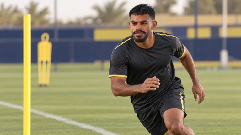 Saad Al Nasser thực hiện bài tập chạy hồi phục ở hành lang trái của Al Nassr