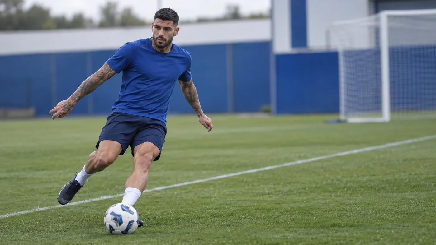Theo Hernández thực hiện đường căng ngang bằng chân trái