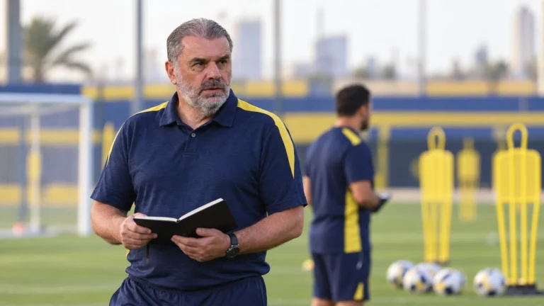 Minh họa Ange Postecoglou xem sổ ghi chú trước buổi tập của Al Nassr