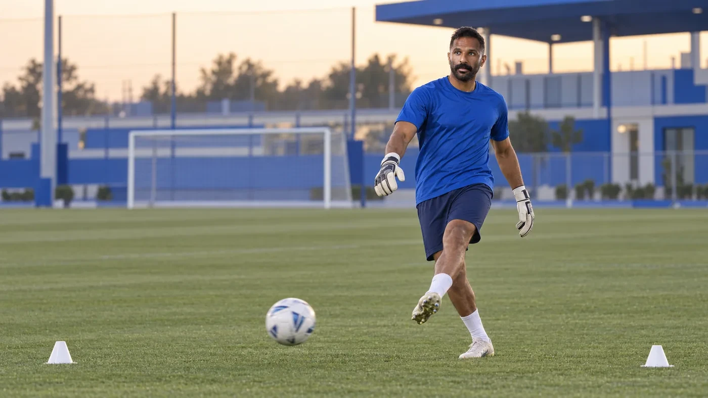 Mohammed Al-Owais chuyền bóng bằng chân trong buổi tập Al Hilal