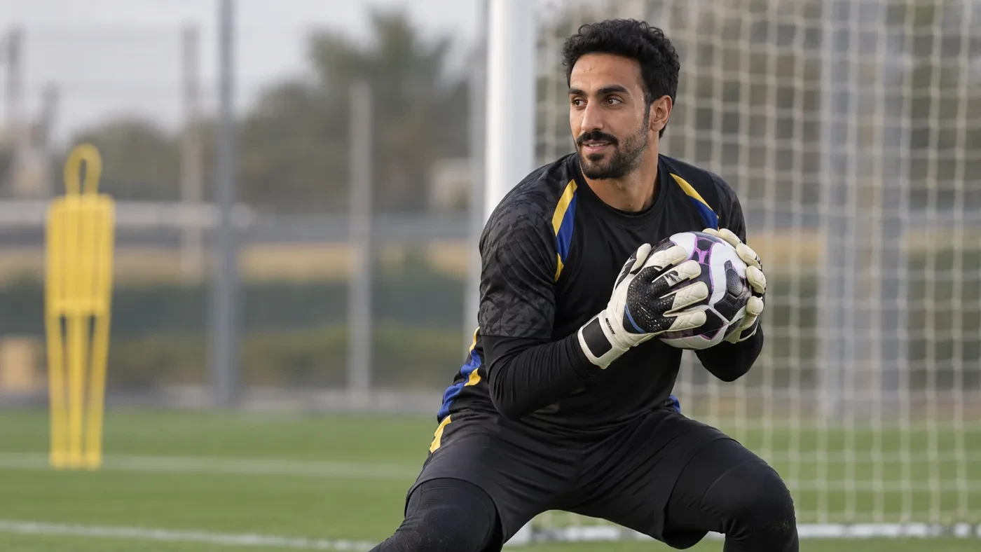 Nawaf Al-Aqidi giữ bóng trong bài tập thủ môn của Al Nassr