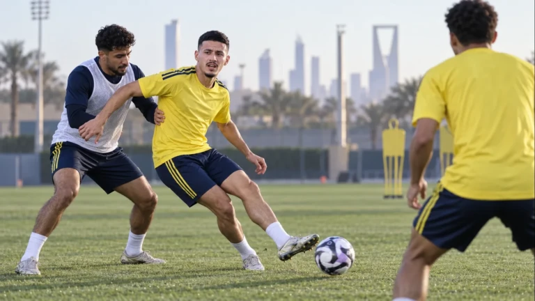 Abdullah Al-Hamdan nhả bóng một chạm dưới áp lực trong buổi tập
