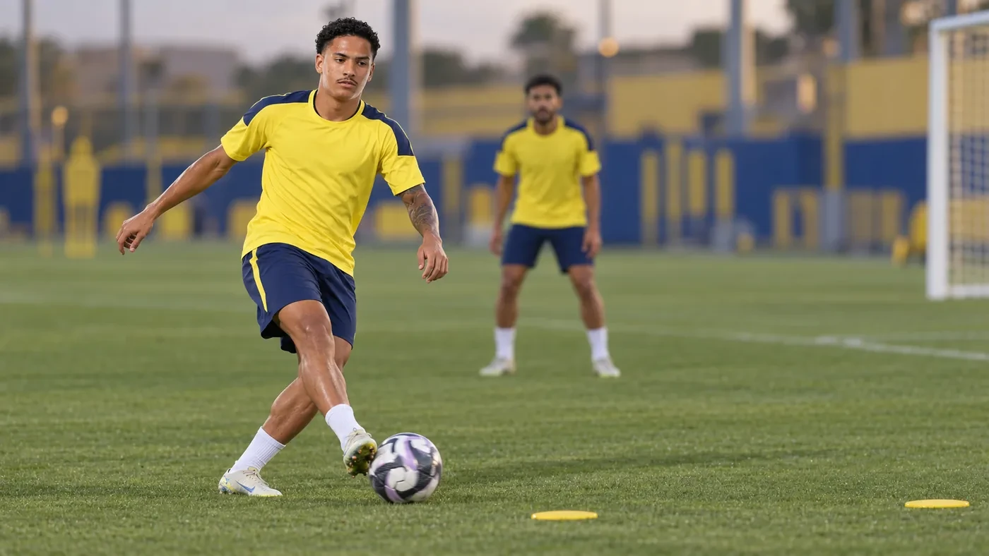 Ângelo Gabriel thực hiện đường chuyền trả ngược trong buổi tập Al Nassr