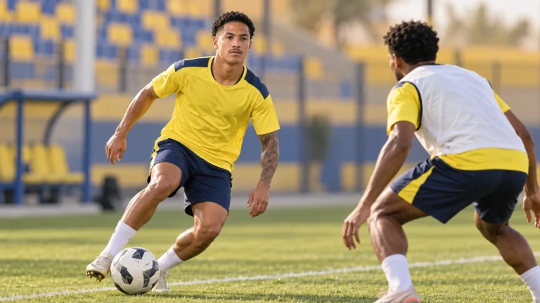 Ângelo Gabriel xử lý bước một và chuẩn bị qua người trong buổi tập Al Nassr
