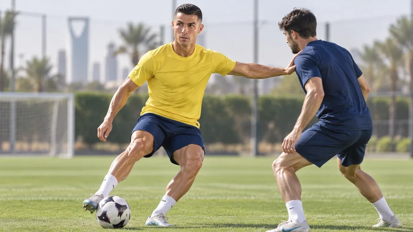 Cristiano Ronaldo che bóng trước khi dứt điểm trong buổi tập