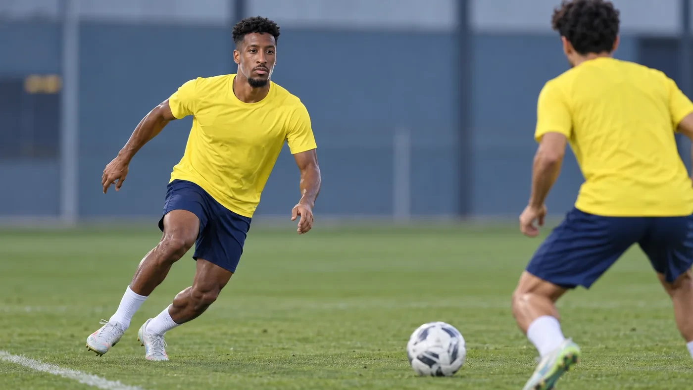 Kingsley Coman chạy lùi để khóa hướng chuyền trong buổi tập