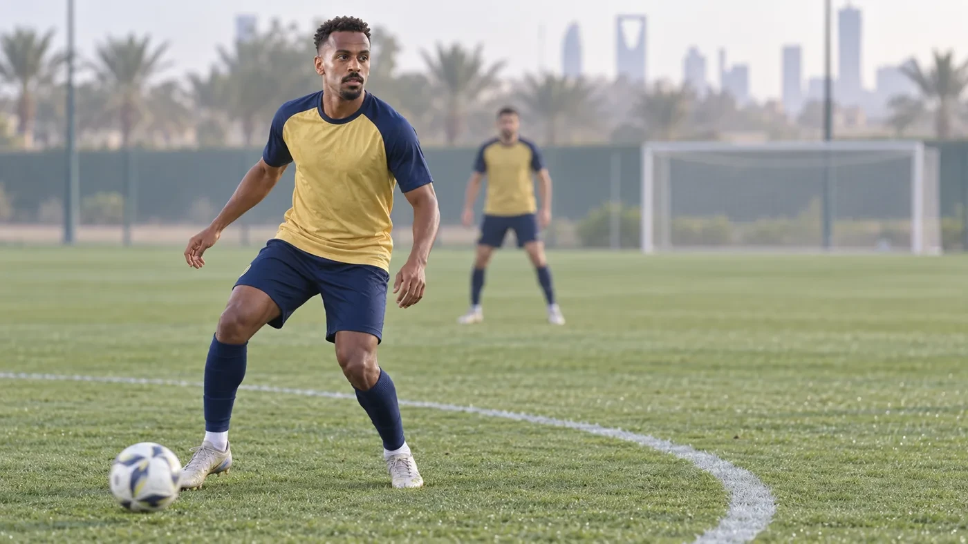 Abdullah Al-Khaibari lùi nhận bóng và quan sát trước khi xử lý