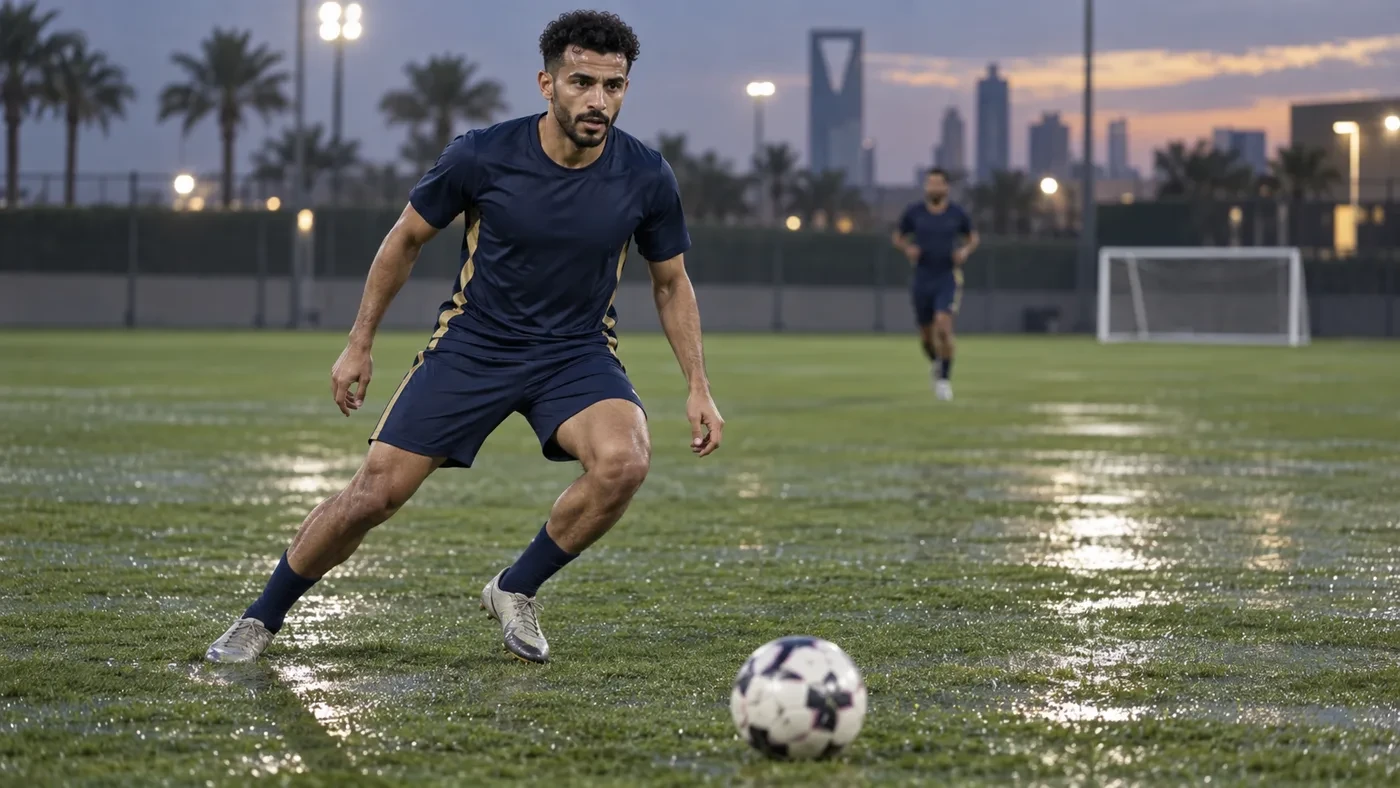 Sami Al-Najei phản ứng với bóng hai trong buổi tập Al Nassr