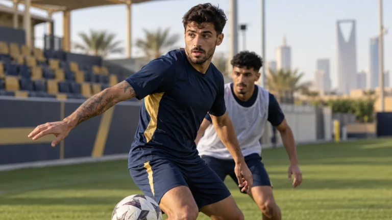 Samu Costa che bóng và xoay người trong buổi tập Al Nassr
